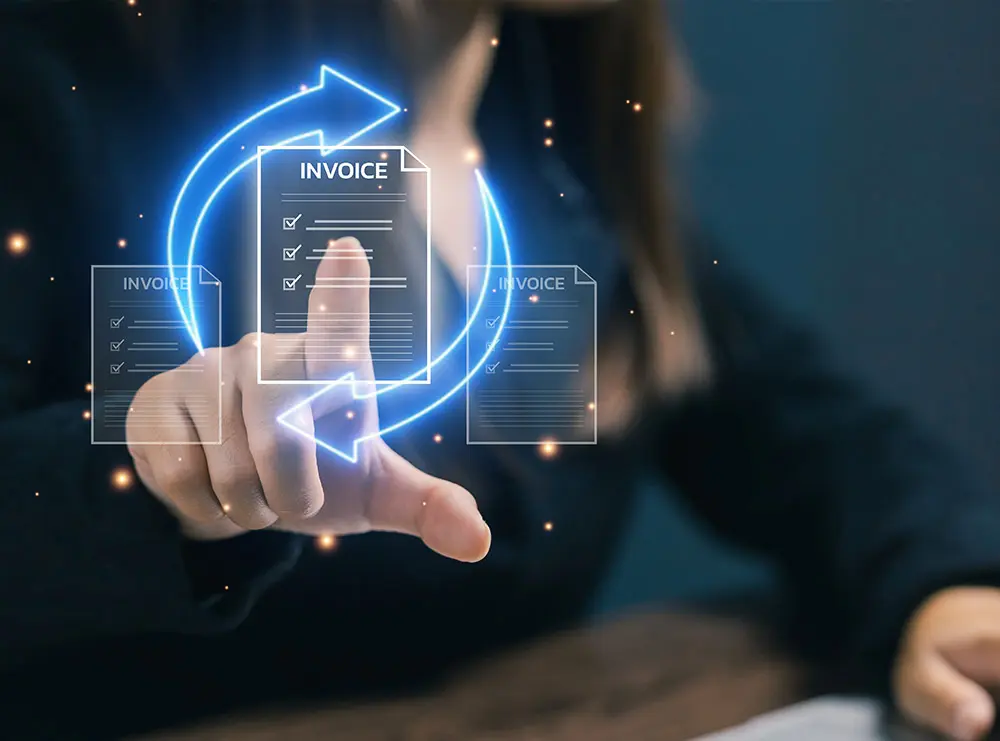 Businesswoman using a digital interface depicting switching between invoice finance options