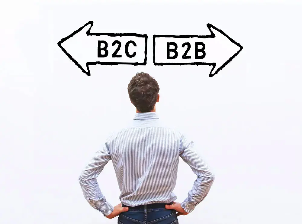 Businessperson standing with one sign pointing to B2B (business-to-business) and the other to B2C (business-to-consumer), representing the decision of choosing a business model.